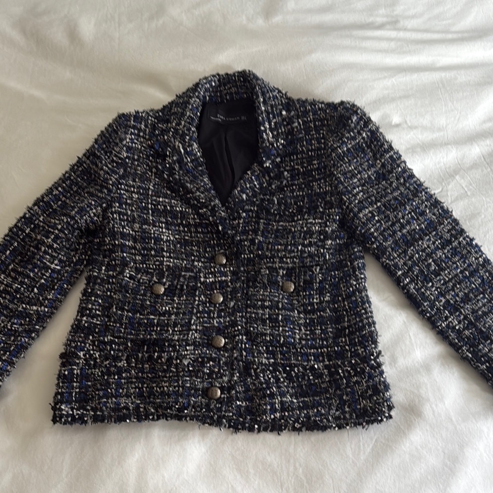 Chic Women's Tweed Blazer - Black and Blue